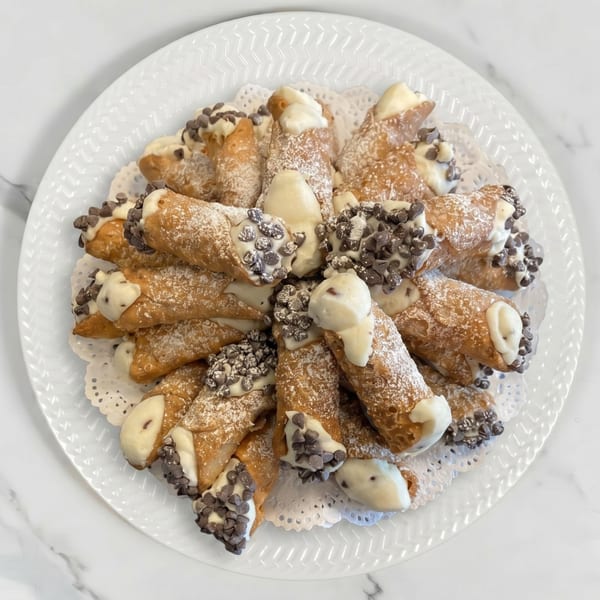 A white plate filled with cannolis, dusted with powdered sugar and topped with chocolate chips.