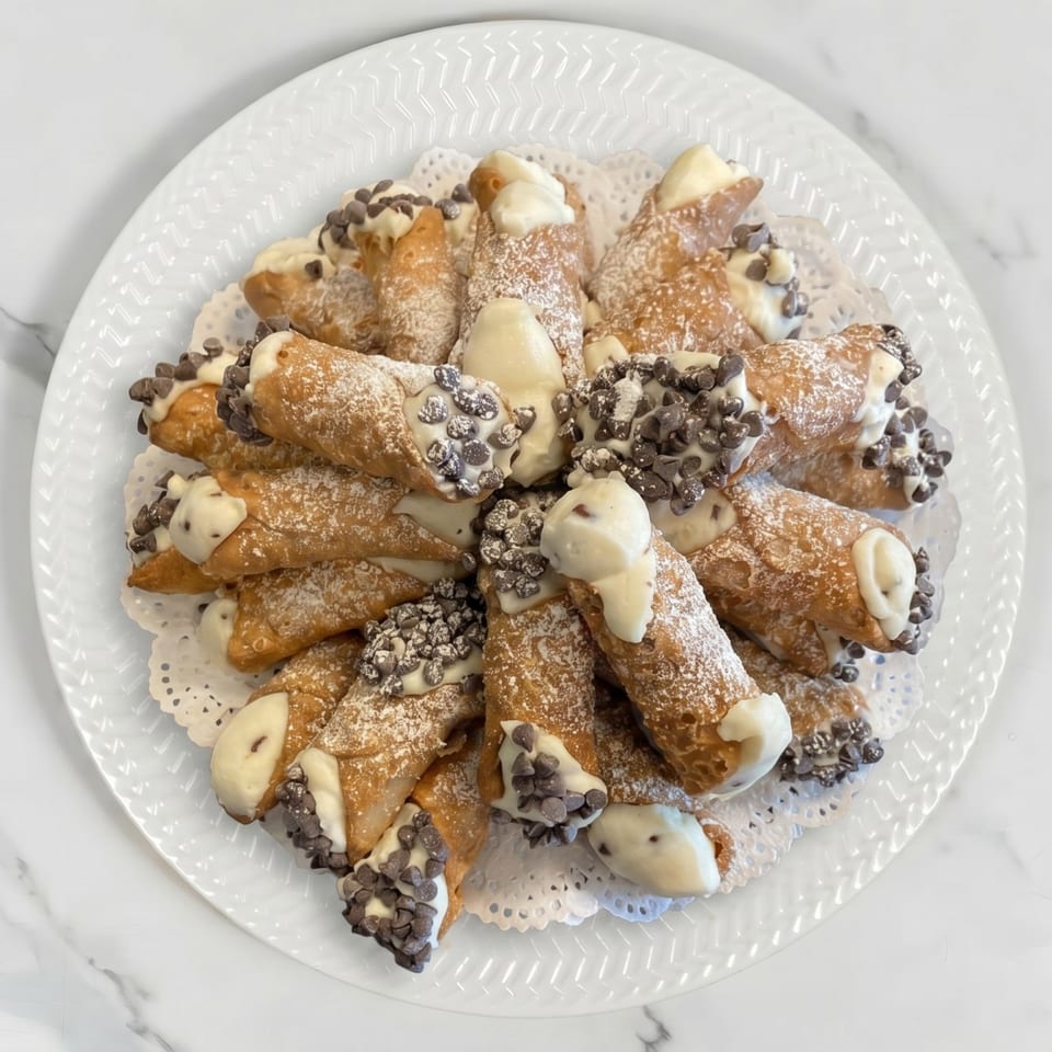 A white plate filled with cannolis, dusted with powdered sugar and topped with chocolate chips.